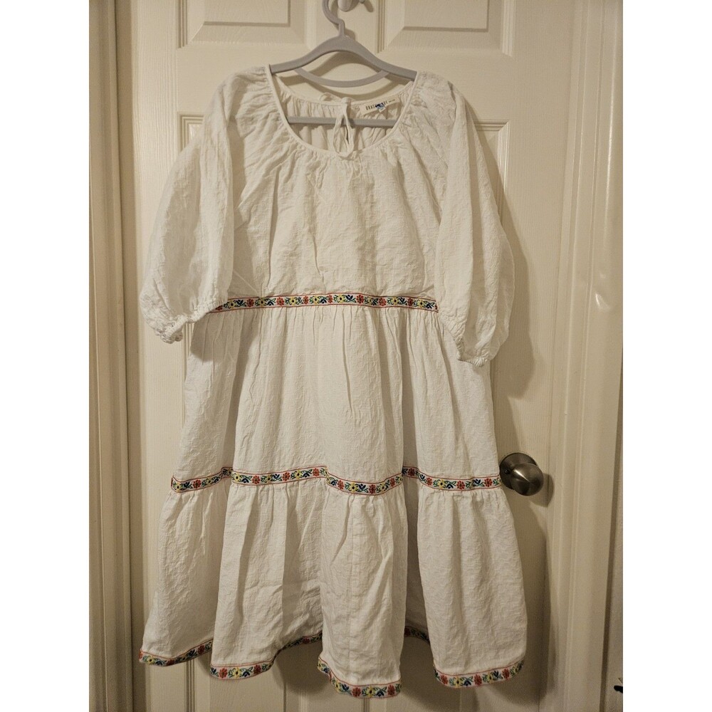 Brass & Roe White Embroidered Cotton Boho Midi Dress Layered Tie Puff  Sleeve XL